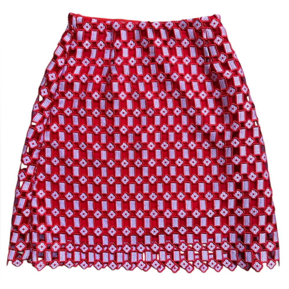 Sandro Paris Red Embroidered Lace Mini Skirt Size 0 EU 34 Luxury Statement
